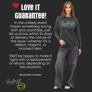 A woman wearing a dark gray sweatshirt and gray jeans. The sweatshirt has the Sparrow Hill logo in white. Text on the image reads "LOVE IT GUARANTEE!" and details a return policy. The background is dark gray.