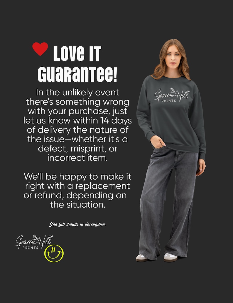 A woman wearing a dark gray sweatshirt and gray jeans. The sweatshirt has the Sparrow Hill logo in white. Text on the image reads "LOVE IT GUARANTEE!" and details a return policy. The background is dark gray.