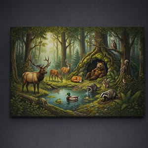 Large 32 x 48 inches wrapped gallery canvas displayed on a dark charcoal wall, featuring a peaceful woodland wildlife scene with a bear outside its den, forest animals gathered around a reflective pond, and warm sunlight filtering through tall trees.