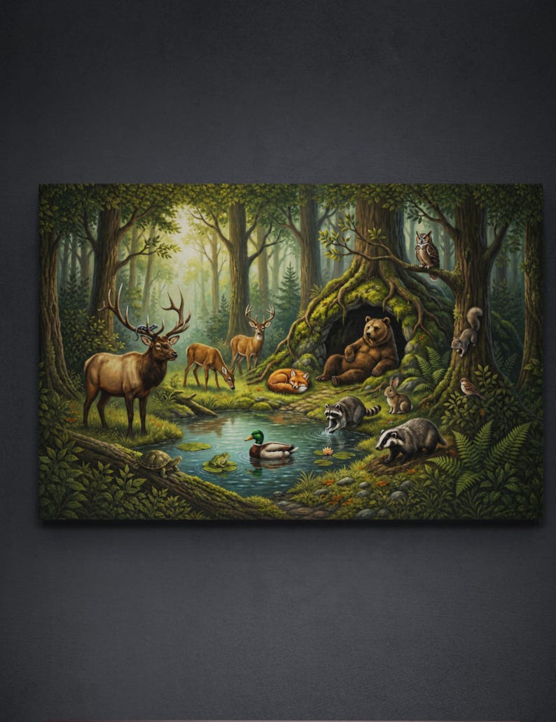 Large 32 x 48 inches wrapped gallery canvas displayed on a dark charcoal wall, featuring a peaceful woodland wildlife scene with a bear outside its den, forest animals gathered around a reflective pond, and warm sunlight filtering through tall trees.
