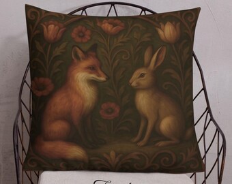 Art Nouveau Rabbit & Fox The Meeting Botanical Premium Throw Pillow or Cover - Dual-Sided Nature Home Decor
