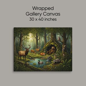 Large 30x40 inch wrapped gallery canvas showcasing a storybook-inspired woodland forest where a bear relaxes outside its moss-covered den while elk, deer, fox, raccoons, badger, rabbit, duck, turtle, owl and squirrel gather beside a calm pond.