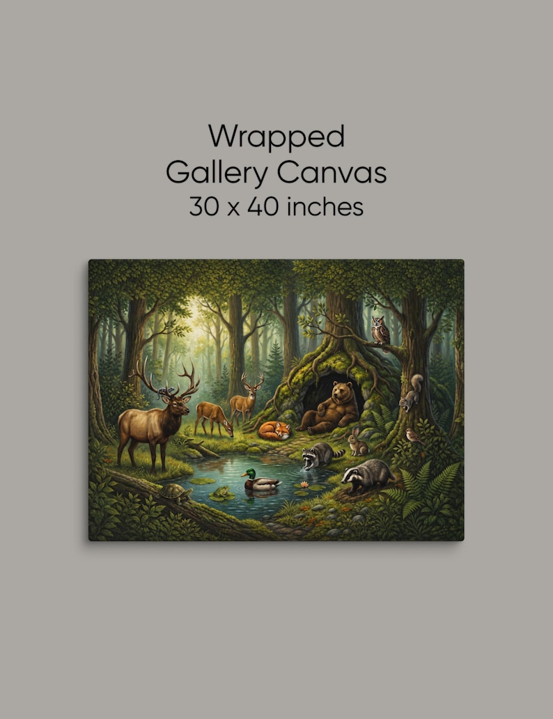 Large 30x40 inch wrapped gallery canvas showcasing a storybook-inspired woodland forest where a bear relaxes outside its moss-covered den while elk, deer, fox, raccoons, badger, rabbit, duck, turtle, owl and squirrel gather beside a calm pond.