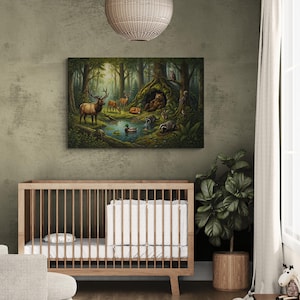 Woodland wildlife 32 x 48 gallery canvas displayed above a modern wooden crib in a nursery. The peaceful forest artwork shows a bear resting outside its den while elk, deer, fox, raccoons, badger, rabbit, duck, turtle, owl and squirrel gather around a calm woodland pond, creating a warm nature-inspired focal point.