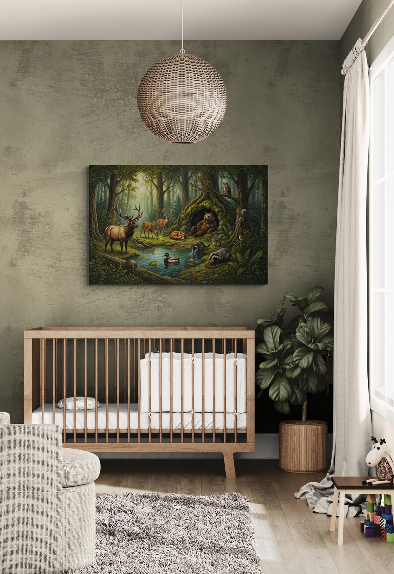 Woodland wildlife 32 x 48 gallery canvas displayed above a modern wooden crib in a nursery. The peaceful forest artwork shows a bear resting outside its den while elk, deer, fox, raccoons, badger, rabbit, duck, turtle, owl and squirrel gather around a calm woodland pond, creating a warm nature-inspired focal point.