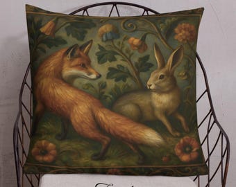 Art Nouveau Rabbit & Fox Crossing Paths Botanical Premium Throw Pillow or Cover - Dual-Sided Nature Home Decor