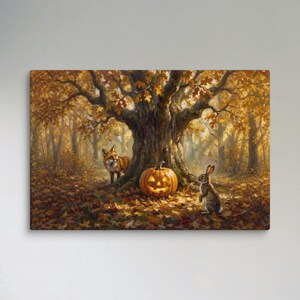 May include: A rectangular canvas print depicting an autumn forest scene with a large, ancient tree at the center. A glowing jack-o'-lantern sits at the base of the tree, flanked by a red fox on the left and a brown rabbit on the right.