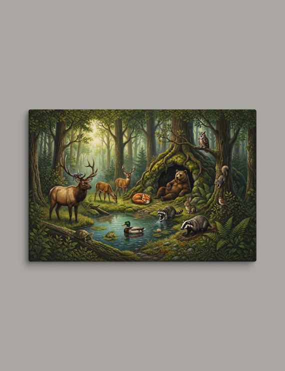 Large Woodland Canvas Wall Art | Afternoon at the Village Square, Forest Wildlife Gallery Canvas, 30x40 & 32x48