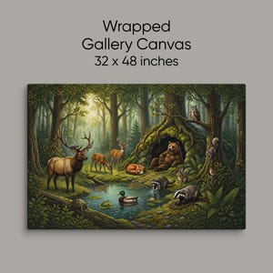 Oversized 32x48 inch wrapped gallery canvas featuring a peaceful woodland wildlife scene with a resting bear beside its den, elk, deer, fox, raccoons, badger, rabbit, turtle, duck, owl and squirrel surrounding a quiet forest pond.