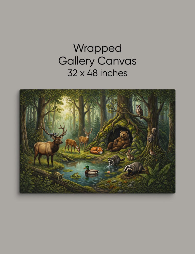 Oversized 32x48 inch wrapped gallery canvas featuring a peaceful woodland wildlife scene with a resting bear beside its den, elk, deer, fox, raccoons, badger, rabbit, turtle, duck, owl and squirrel surrounding a quiet forest pond.