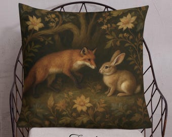 Art Nouveau Rabbit & Fox First Encounter Botanical Premium Throw Pillow or Cover - Dual-Sided Nature Home Decor