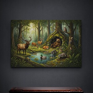 Large 32 x 48 inches wrapped gallery canvas displayed above an ornate wood console against a charcoal wall. The oversized woodland artwork features a peaceful forest pond where a bear rests outside its moss-covered den alongside elk, deer, fox, raccoons, badger, rabbit, duck, turtle, owl and squirrel beneath towering woodland trees.