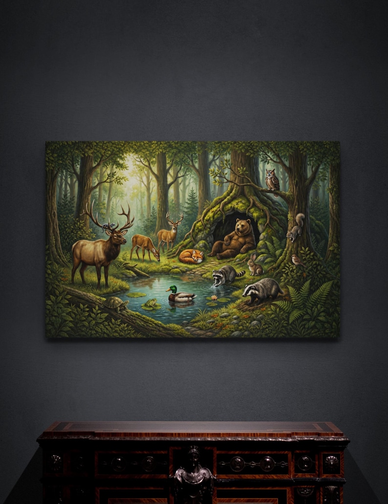 Large 32 x 48 inches wrapped gallery canvas displayed above an ornate wood console against a charcoal wall. The oversized woodland artwork features a peaceful forest pond where a bear rests outside its moss-covered den alongside elk, deer, fox, raccoons, badger, rabbit, duck, turtle, owl and squirrel beneath towering woodland trees.