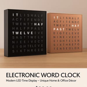 Electronic Word Clock – Modern LED Time Display – Unique Home & Office Décor – Black or Copper Finish – Battery Operated