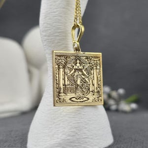 Gold-Plated Greek Goddess Pendant – Mythical Square Medallion Necklace – Divine Feminine Jewelry – Ancient Greek Goddess Charm