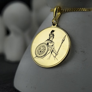 Athena Necklace in Gold Vermeil / 14K Solid Gold Warrior Pendant / Greek Goddess Jewelry / Spear & Shield Medallion Necklace