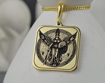 Winged Goddess Necklace / 14K Gold Vermeil Pendant / Warrior Woman Jewelry / Greek Mythology Necklace / Square Shield Amulet Charm