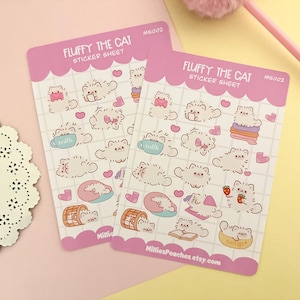 Fluffy the cat sticker sheet, planner stickers, journal stickers, kawaii planner stickers, cat stickers, cute cat stickers