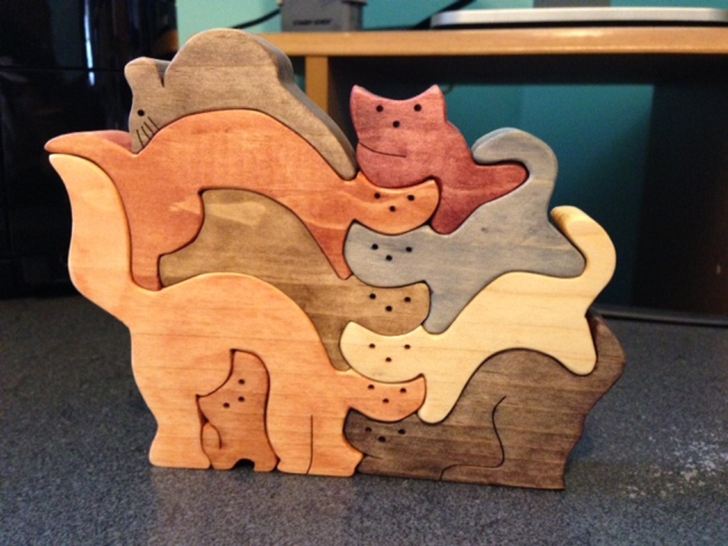Wood Stacked CATS Puzzle Handmade 9 Pieces Stained In Etsy