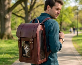 Burgundy Leather Cat Backpack Carrier with Window | Structured Urban Pet Travel Bag | Airline Ready Feline Backpack | Vintage Style Pet Pack