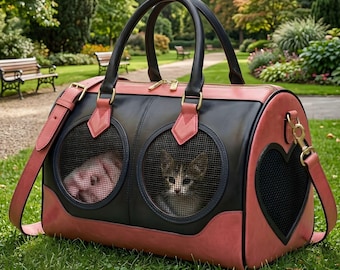 Transportín de piel bicolor para mascotas / Bolso de viaje de diseño para gatos y perros / Bolso de transporte de lujo para cachorros