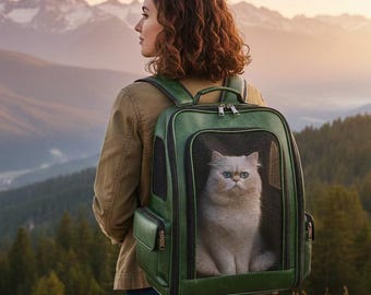 Forest Green Leather Cat Carrier with Mesh Front | Outdoor Travel Pet Backpack | Airline Friendly Cat Carry Pack | Adventure Feline Bag