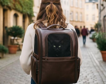 Dark Brown Leather Cat Carrier Backpack with Window | Breathable Outdoor Pet Travel Bag | Airline Approved Cat Backpack |Luxury Hike Carrier
