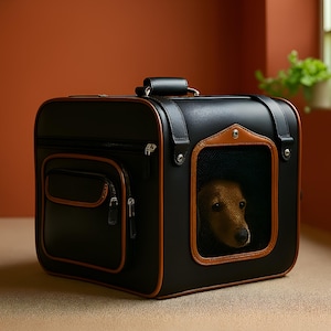 Leather Pet Carrier for Dogs | Stylish Cat Travel Bag with Mesh Window | Portable Pet Tote with Side Pockets | Personalized Pet Carrier Box