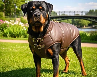 Genuine Leather Double Buckle Adjustable Fit Outdoor Activity Dog Jacket | Wind Shield Secure Walking Pet Coat | Cold Climate Puppy Vest