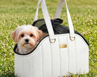 White Leather Pet Carrier Tote | Luxury Cat Travel Bag | Designer Dog Handbag