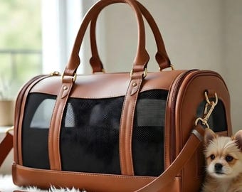 Designer Full-Grain Leather Pet Carrier | Breathable Mesh Dog Tote | Foldable Pet Travel Bag