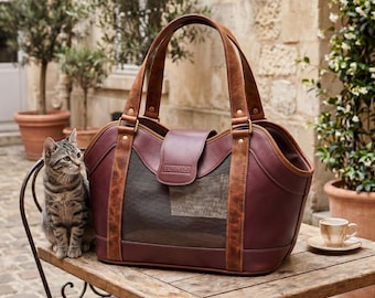 Luxury Leather Pet Carrier | Breathable Mesh Cat Tote | Stylish Travel Animal Bag