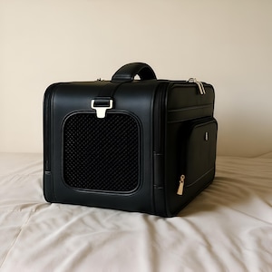 Black Leather Pet Carrier Bag | Dog & Cat Travel Crate with Mesh Window | Premium Durable Portable Design | Secure Zippered Pet Tote