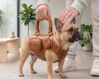 Tan Leather Dog Harness | Pet Saddlebag with Handles | Small Breed Lift Harness