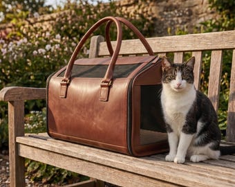 Genuine Leather Pet Carrier | Breathable Mesh Cat Tote | Structured Animal Travel Bag