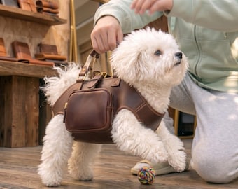 Premium Leather Pet Harness Bag | Pet Backpack with Handle | Small Pet Saddlebages