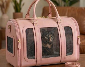 Blush Leather Pet Carrier | Soft Pink Dog & Cat Travel Bag | Luxury Puppy Carrier Tote | Stylish Small Pet Carrier