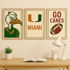 University of Miami Wall Art Set – U Logo, Sebastian the Ibis Mascot & “Go Canes” Football Posters – College Dorm Decor – Digital Download