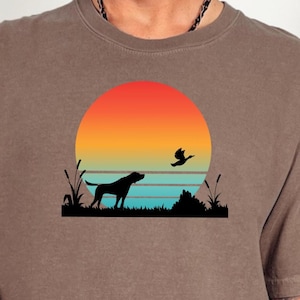Duck Hunting Dog Sunset Shirt | Retro Hunting Tee | Retriever & Waterfowl Graphic T-Shirt | Outdoorsman Gift Shirt - Comfort Colors