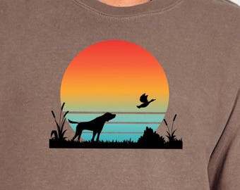 Shirt zonsondergang jachthond eend | Retro jacht-T-shirt | Grafisch T-shirt retriever en watervogels | Cadeaushirt voor outdoorman - comfortabele kleuren