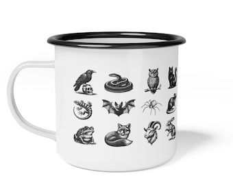 Caneca de acampamento esmaltada gótica - Design de bruxa, Caneca familiar de bruxas assustadoras, Presente para ela, Estilo boho, Caneca Cottagcore, Caneca ocultista
