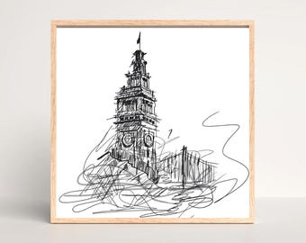 Boceto a tinta del Big Ben dibujado a mano / Póster descargable digitalmente (PDF cuadrado)