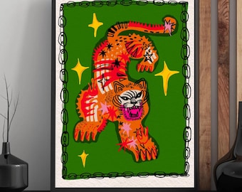 Arte mural de tigre colorido / Ilustración animal de arte popular / Arte de jungla caprichoso / Impresión de tigre atrevida / Descarga digital