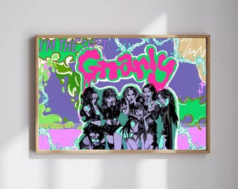 Póster digital KATSEYE "Gnarly" – Impresión pop art rosa y verde / Arte mural gráfico y colorido