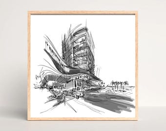 Boceto a tinta de edificios londinenses dibujados a mano / Póster descargable digitalmente (PDF cuadrado)