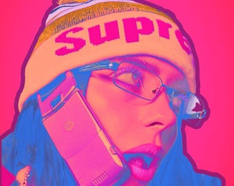 Póster neón de Billie Eilish / Arte digital vibrante / Impresión mural en PDF de descarga instantánea