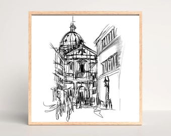 Boceto a tinta de edificios londinenses dibujados a mano / Póster descargable digitalmente (PDF cuadrado)