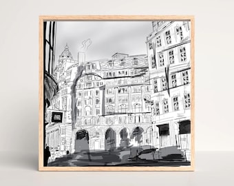 Boceto a tinta de edificios londinenses dibujados a mano / Póster descargable digitalmente (PDF cuadrado)