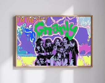 Póster digital KATSEYE "Gnarly" – Descarga de impresión de arte pop morado y verde / Arte mural gráfico y colorido