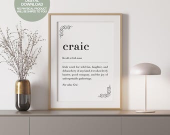 Craic Irish Print, Craic Definition Print, Ireland Print, Irish Saying, Irish Wall Art, Printable Wall Art, Gaelic Print, Irish Poster